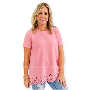 Sew in Love-Blouse/Tunic-Short sleeves-Laser-cut design at hem-NWT-Med.